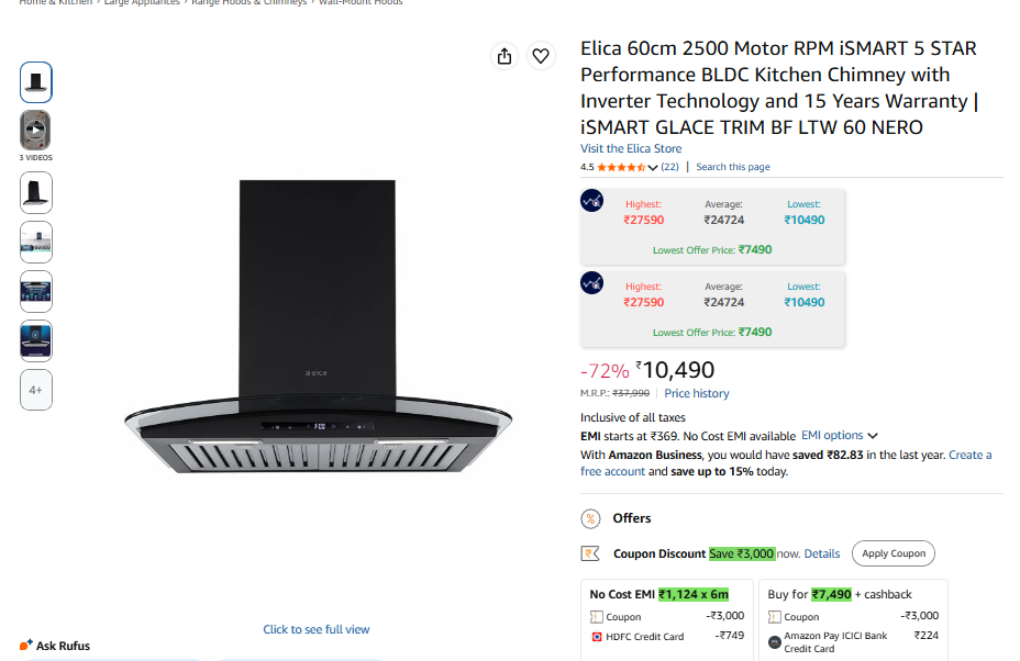 Elica 60cm 2500 Motor RPM iSMART 5 STAR Performance BLDC Kitchen Chimney