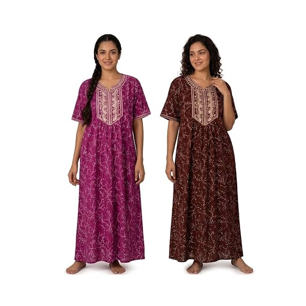 Embroidery Nighty for Women Pure Cotton Combo Pack of 2