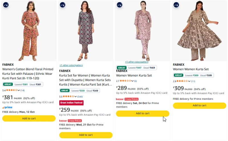 FABNEX Kurta Set upto 95% Discount
