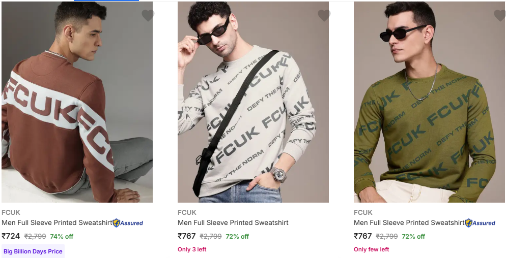 Fcuk Mens Sweatshirts Upto 75% Discount