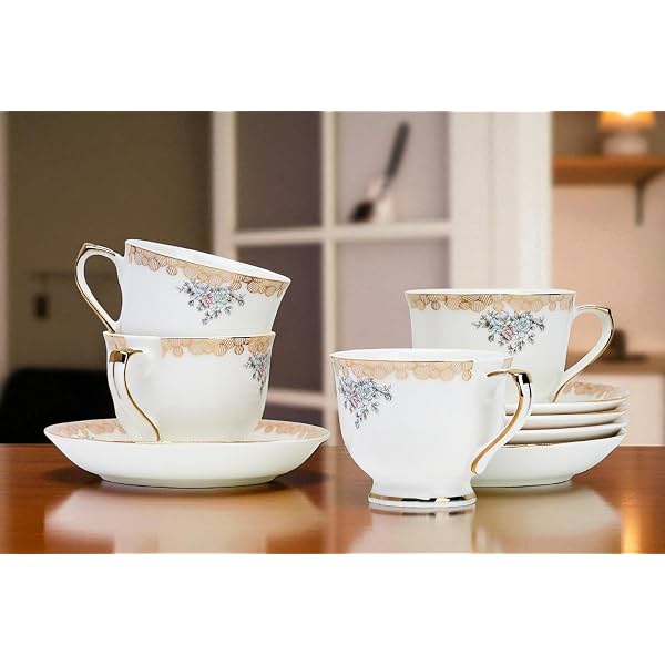 Fine Bone China White Gold Cups and Saucer with Golden Line