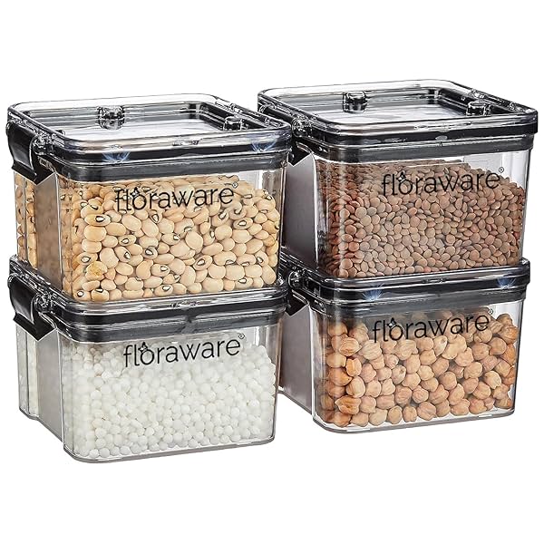 Floraware Food Safe Modular Plastic Square Airtight Containers, Stackable container, Storage Jar with Lid, Pack of 4, 40