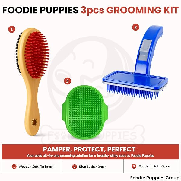 Foodie Puppies 3-in-1 Pet Grooming Set Combo Festival Gift Box for Dogs & Cats | Self-Cleaning Blue Slicker Brush, Dual-