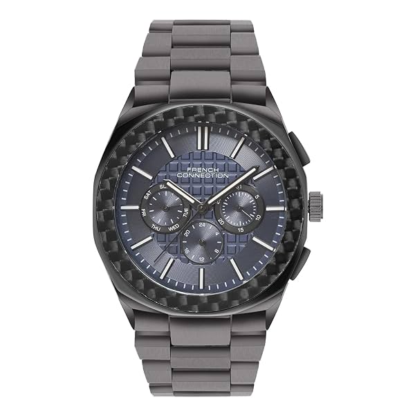 French Connection Textured Blue Round Dial with IP Gun Stainless Steel Metal