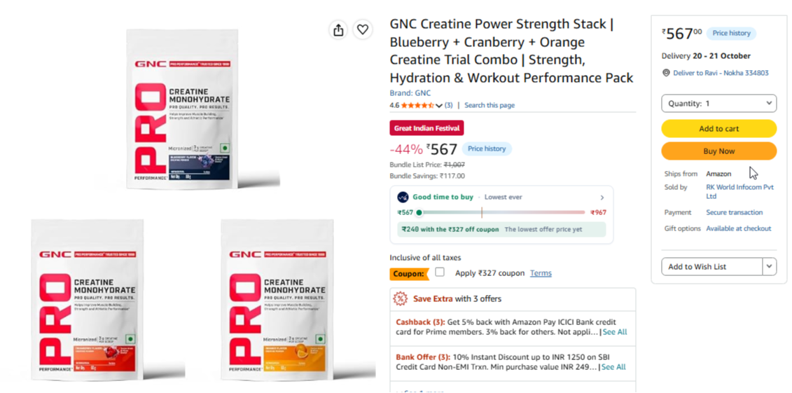 GNC Creatine Power Strength Stack | Blueberry + Cranberry + Orange Creatine Trial Combo |