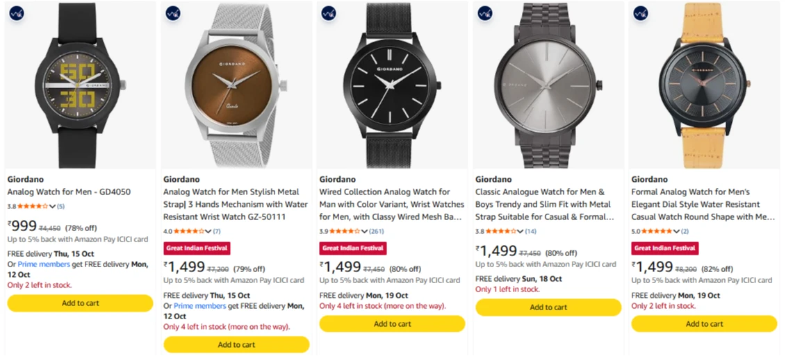 Giordano Watches at Upto 82% Discount