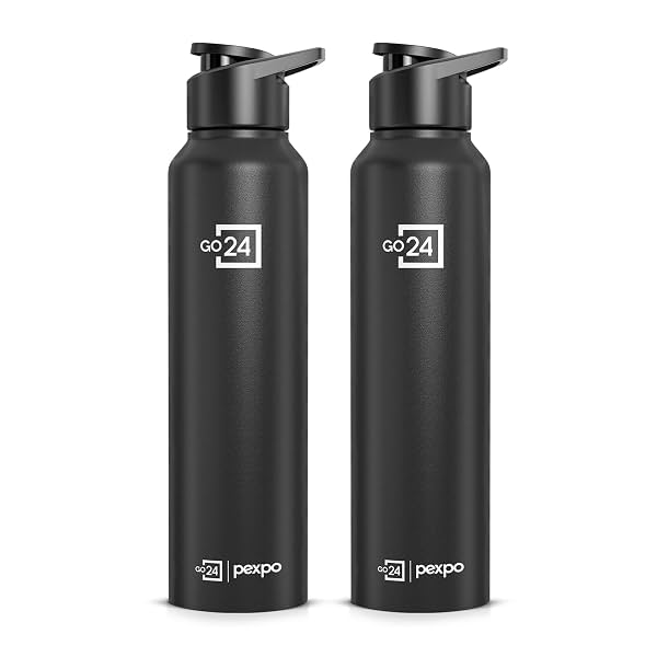 Go24 pexpo Water Bottle 1 ltr Stainless Steel Sports/Fridge Bottle with Steel Cap (Pack of 2)| Single Wall