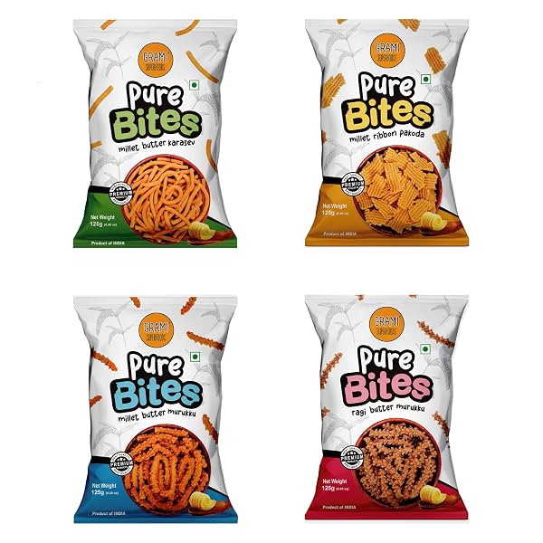 Grami Superfoods Pure Bites Assorted Snack Pack of 4 (500g): Millet Butter Murukku / Chakli, Millet Ribbon Pakoda, Ragi