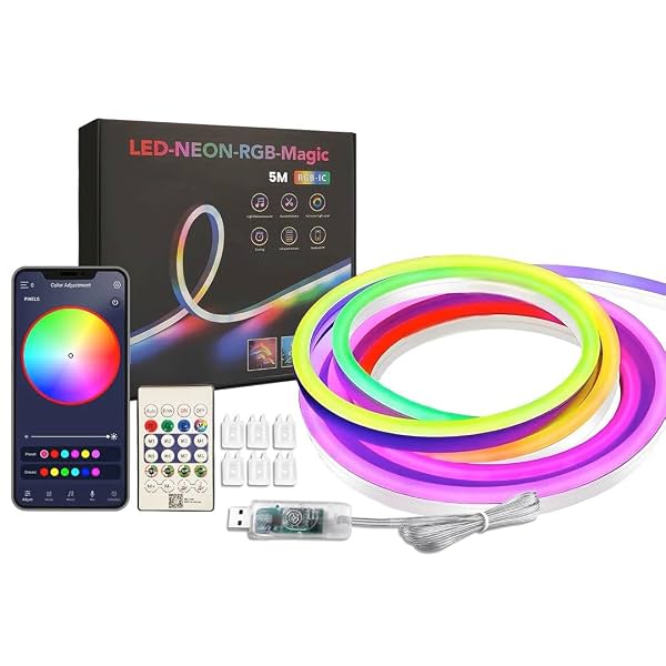 Groeien 5 Meter USB Powered Flexible Smart RGBIC Neon Flex LED Strip Lights with App & Remote-Control, Music Sync LED St