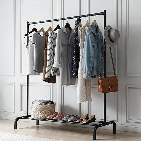 HOUZA Heavy-Duty Garment Stand Cloth Rack with Bottom Storage Shelf & 4 Side