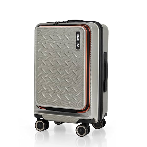 HRX Silver Cabin Size Transit Polycarbonate Hard Shell Suitcase with Front Laptop Compartment - Premium Travel Trolley B
