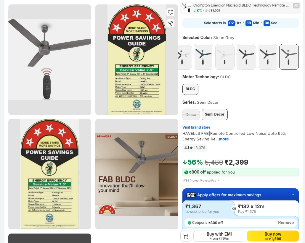 Havells Fab BLDC Remote 1200mm Ceiling Fan 5-Sta