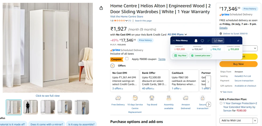 Home Centre Helios Alton 2-Door Sliding Wardrobe White