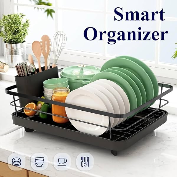 HomeWiz 3-in-1 Dish Drying Rack Kitchen Organizer Black