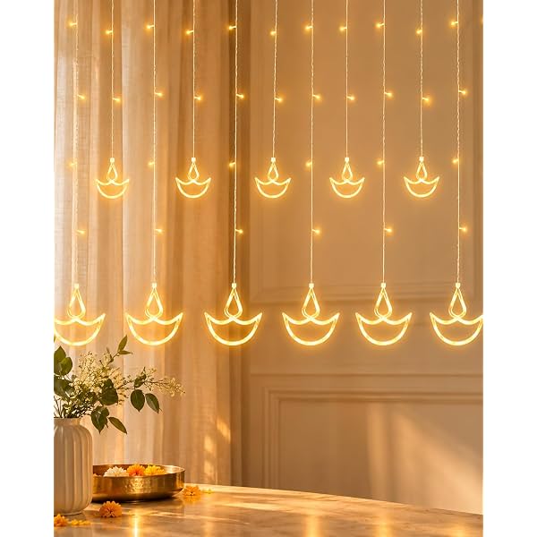 Homesake® 12 Diya Curtain Fairy String Led Diya Light with Plug in String Lights