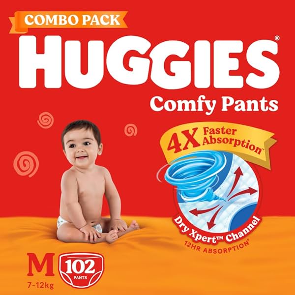 Huggies Comfy Pants Baby Diaper, Medium (M) Size (7-12 Kgs), Pack of 102
