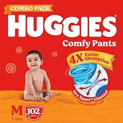 Huggies Comfy Pants Baby Diaper, Medium (M) Size (7-12 Kgs), Pack of 102