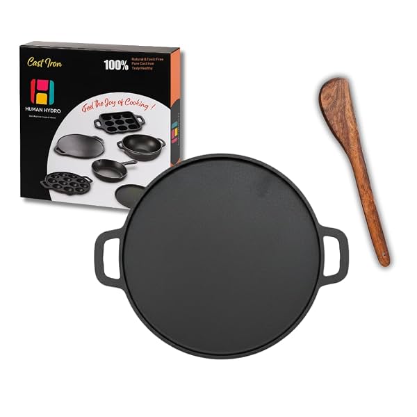 Human Hydro Pre-Seasoned Feather-Light Cast Iron Tawa for Dosa /Chilla /Omelette with Wooden Spatula | 29cm /11.41 inch,