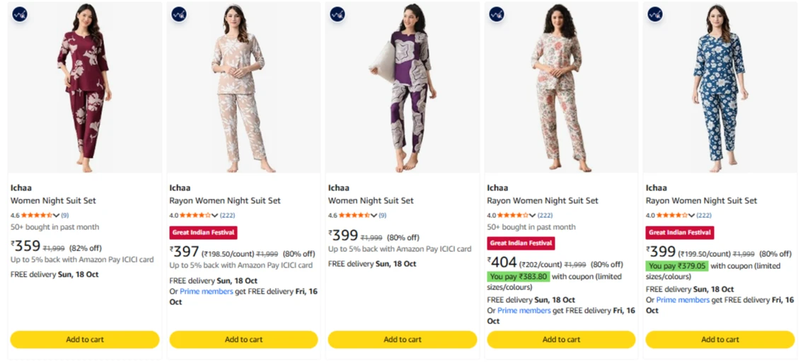 Ichaa Women's Night Suit at minimum 80% Discount
