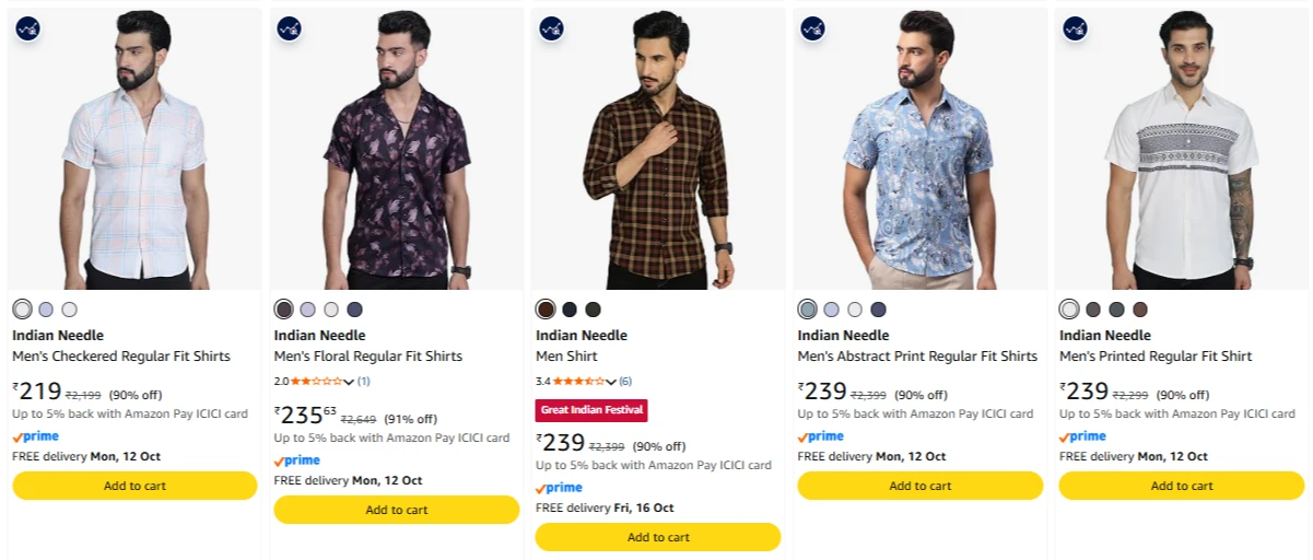 Indian Needle Men's Shirts at minimum 90% Discount