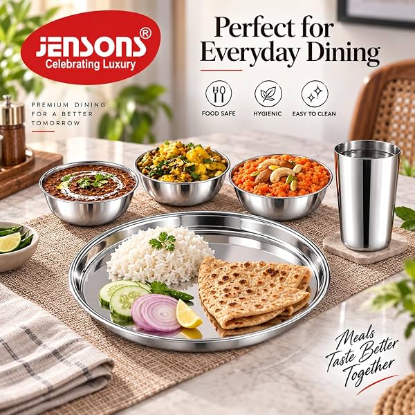Jensons Stainless Steel Dinner Set 5 Pcs | 1 Dinner Plate, 3 Bowls & 1 Tumbler
