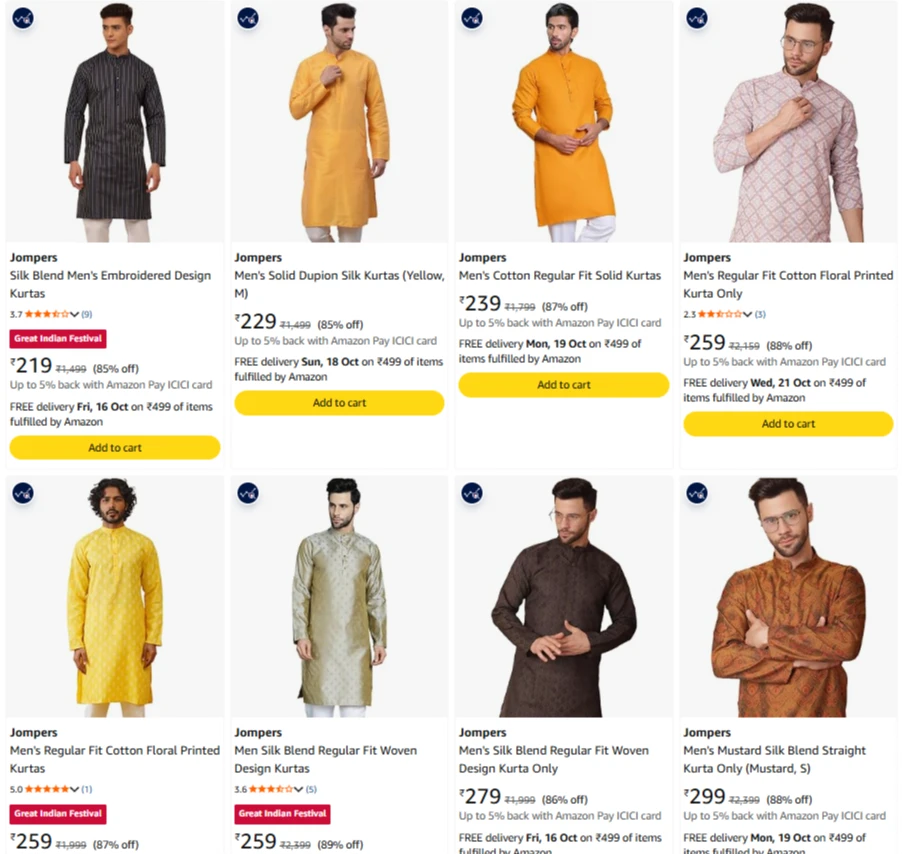 Jompers Men's Kurta at minimum 88% Discount