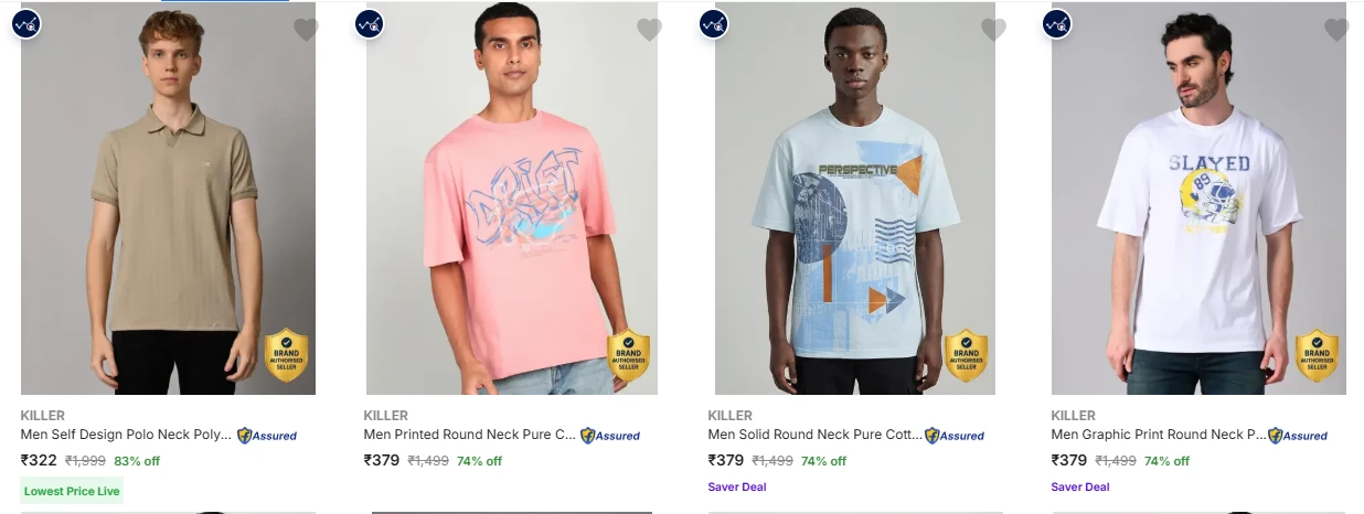 KILLER Men's T-shirts at minimum 74% Discount
