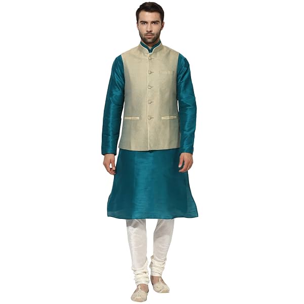 KISAH Men's Kurta Jacket Trouser Set, Off White Dupion Silk