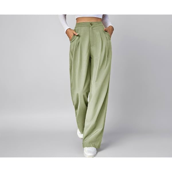 KOTTY Womens High Rise Cotton Blend Straight Fit Cross Pocket Solid Trousers