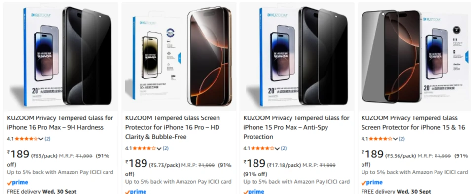 KUZOOM Privacy Tempered Glass up to 91% Discount