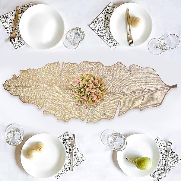 Kuber Industries Table Runner | Leather | Golden | Leaf Pattern | 92x34x1 cm