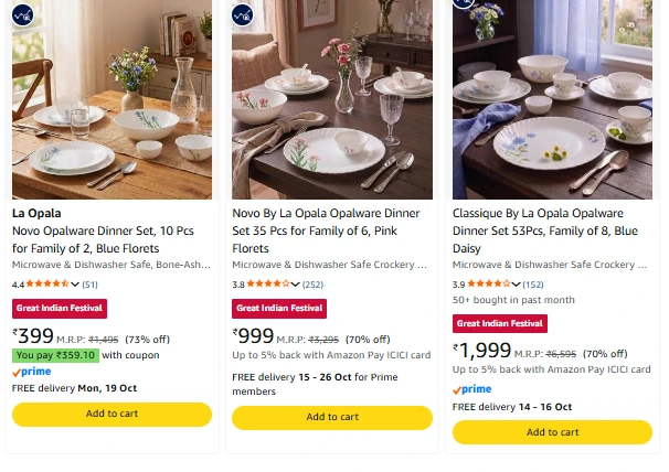 La Opala Dinner Set at minimum 70% Discount