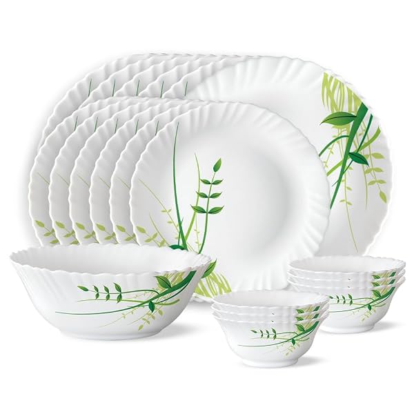 Larah By Borosil Herbs Opalware Dinner Set, 19-Pieces, White