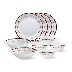 Larah by BOROSIL Printed - Tiara Series, Royal Brown, 10 Pcs, Opalware Dinner Set, White