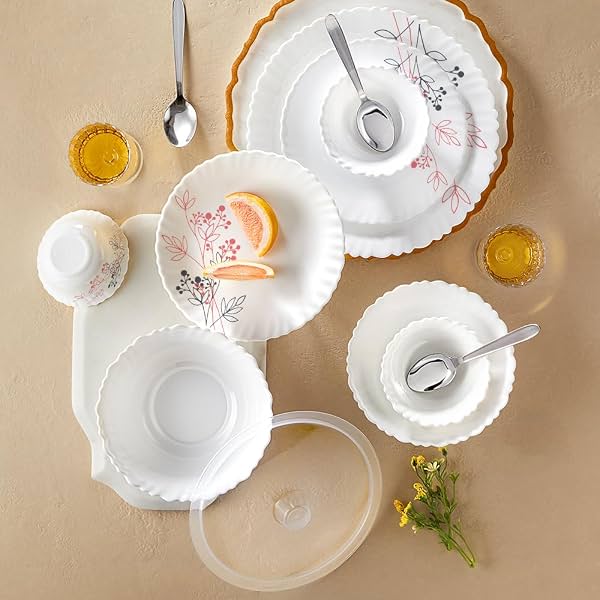 Larah by Borosil 41pc Opalware Dinnerset with Steel Spoon for Family of 6