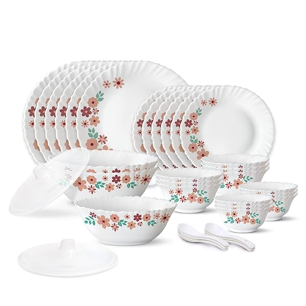 Larah by Borosil Ayana Silk Series Opalware Dinner Set | 35 Pieces for Family of 6 | Microwave & Dishwasher Safe | Bone-