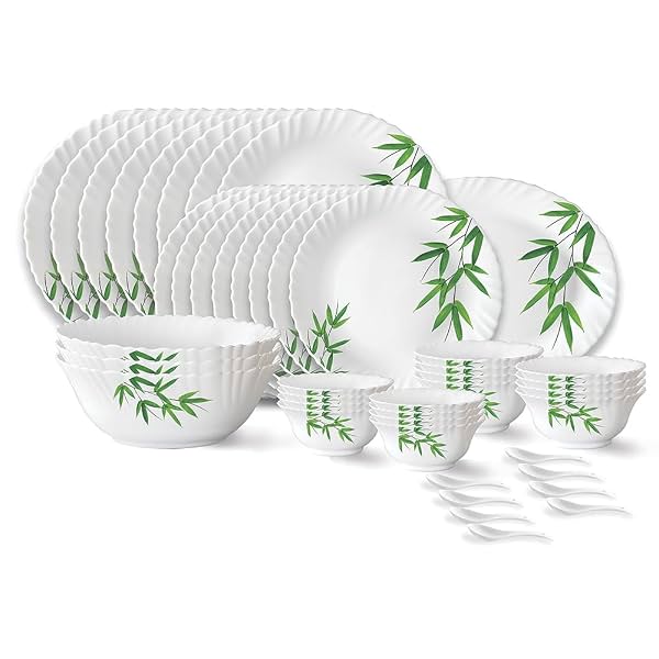 Larah by Borosil Bamboo Leaves Fluted Series Opalware Dinner Set