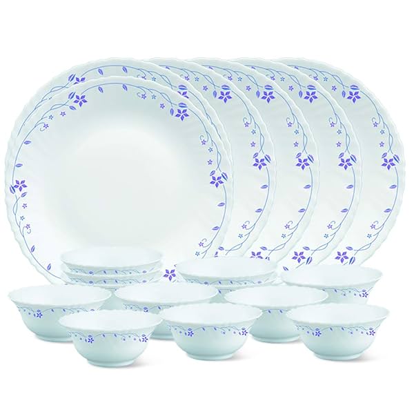 Larah by Borosil Glass FloraThali Set (White) - 18 Pieces