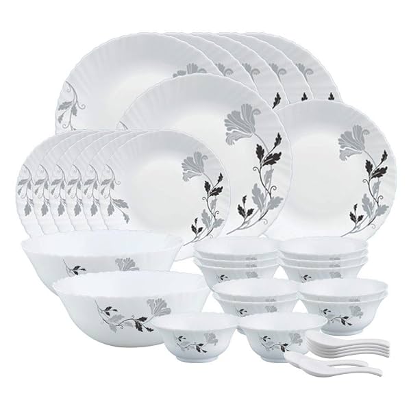 Larah by Borosil Millenia Opalware Dinner Set, 35 Pcs, White