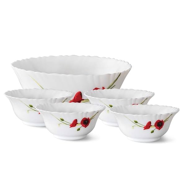Larah by Borosil Red Carnation Fluted Series Opalware 5 Pcs Pudding Set