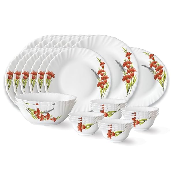 Larah by Borosil Red Iris 27-Piece Fluted Opalware Dinner Set