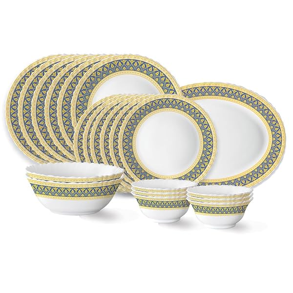 Larah by Borosil Regal Fluted Series Opalware Dinner Set | 21 Pieces for Family of 6 | Microwave & Dishwasher Safe