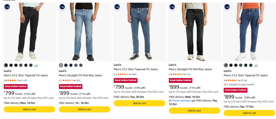 Levis Men's Jeans upto 73% Discount