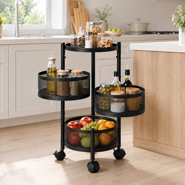 Lifelong 3-Tier Multipurpose Organizer Cart with 360-Degree Rotating Wheels | Round Mesh Basket Trolley |