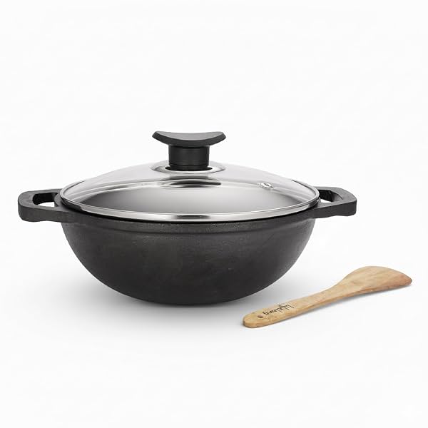 Lifelong Cast Iron Kadhai 24cm with Glass Lid and Wooden Spator 3.3L