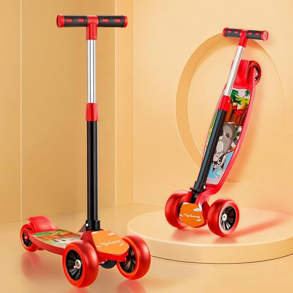Lifelong Kick Scooter with Adjustable Height - Foldable - Skate for Kids with PVC Wheel - Max User weight-50 kg, Red & B