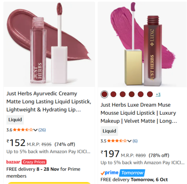 Lipsticks at minimum 78% Discount