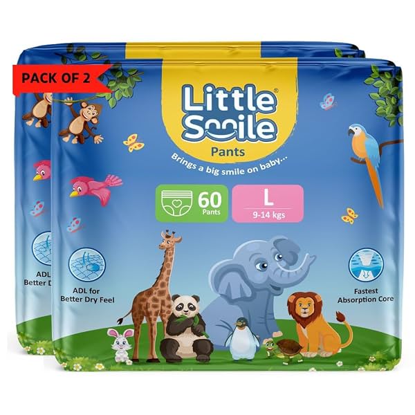 Little Smile Baby Diapers Pant Style | Large (L) Size | Ideal for 9-14 Kgs Baby | 120 Count- Odorless and Antibacterial