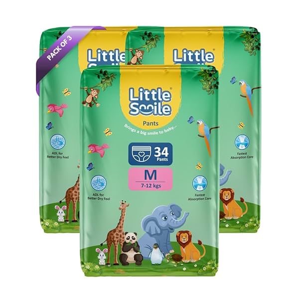 Little Smile Baby Diapers Pant Style | Medium (M) Size | Ideal for 7-12 Kgs Baby | 102 Count- Odorless and Antibacterial