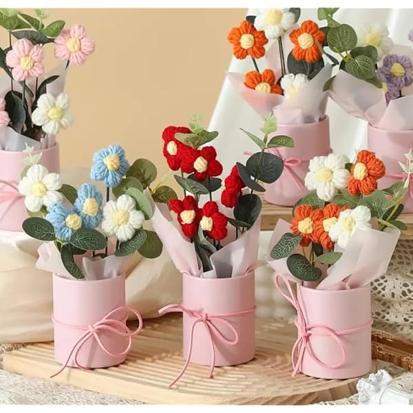 MPROW 1pcs Artificial Crochet Flower Bouquet/Artificial Flowers Bunch/Crochet